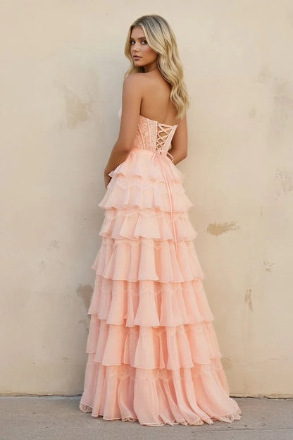 Blush Spaghetti Strap Corset Gown Lace Bodice Tiered Ruffle High Slit Bow Lace Up Back Prom Dress