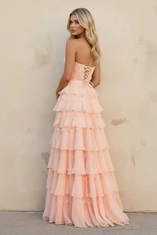 Blush Spaghetti Strap Corset Gown Lace Bodice Tiered Ruffle High Slit Bow Lace Up Back Prom Dress