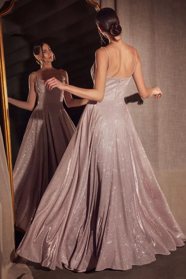 Champagne Spaghetti Strap Glitter Satin A-Line Gown