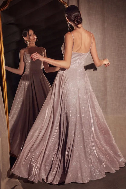 Champagne Spaghetti Strap Glitter Satin A-Line Gown
