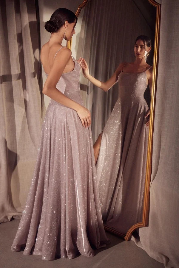 Champagne Spaghetti Strap Glitter Satin A-Line Gown
