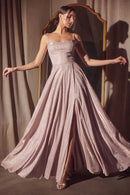 Champagne Spaghetti Strap Glitter Satin A-Line Gown