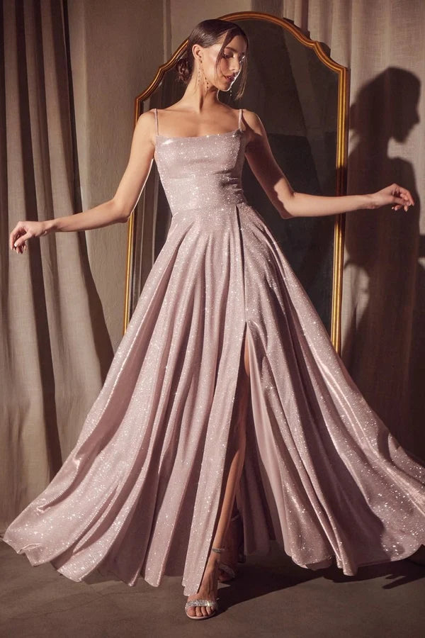 Champagne Spaghetti Strap Glitter Satin A-Line Gown