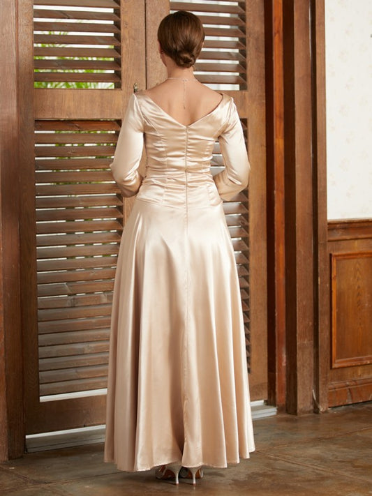 A-Line/Princess Woven Satin Ruched V-neck 3/4 Sleeves Ankle-Length Mother of the Bride Dresses