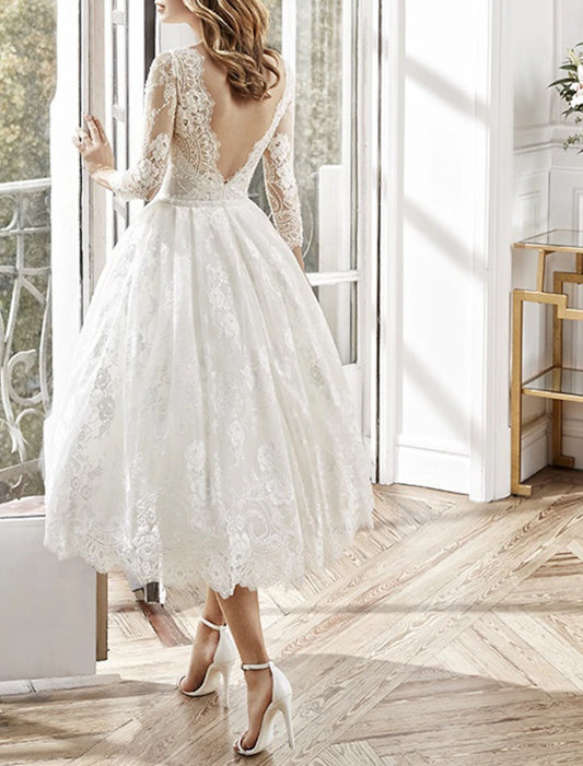 Vintage Wedding Dresses A-Line Scoop Neck Long Sleeve Tea Length Lace Bridal Gowns With Appliques