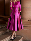 A-Line Cocktail Dresses Minimalist Dress Christmas Red Green Dress Wedding Guest Tea Length 3/4 Length Sleeve Jewel Neck Fall Wedding Guest Satin with Pleats Mother of the Bride Dresses