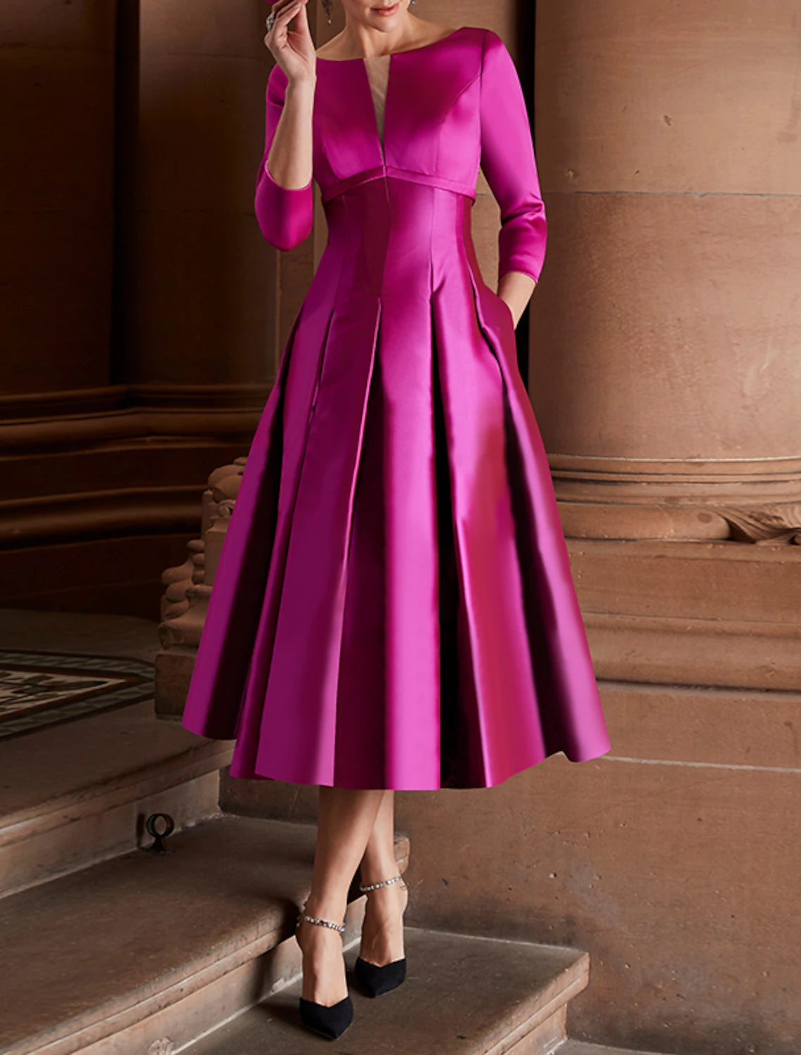 A-Line Cocktail Dresses Minimalist Dress Christmas Red Green Dress Wedding Guest Tea Length 3/4 Length Sleeve Jewel Neck Fall Wedding Guest Satin with Pleats Mother of the Bride Dresses
