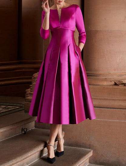 A-Line Cocktail Dresses Minimalist Dress Christmas Red Green Dress Wedding Guest Tea Length 3/4 Length Sleeve Jewel Neck Fall Wedding Guest Satin with Pleats Mother of the Bride Dresses