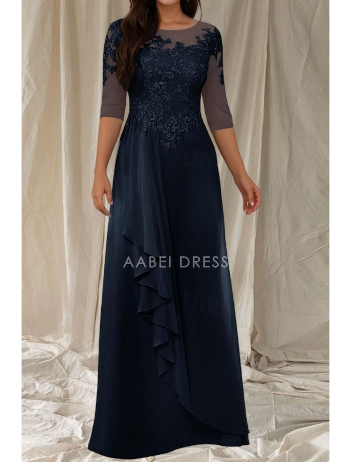 AABEI DRESS Wedding Guest Dress Elegant A-Line Crew Neck 3/4 Length Sleeve Floor Length Lace Appliques Ruffles Fashion Mother of the Bride Dress