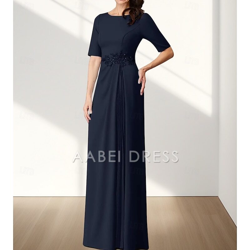 AABEI DRESS Wedding Guest Dress Exquisite A-Line Crew Neck Half Sleeve Appliques Ruching Floor Length Elegant Mother of the Bride Dress