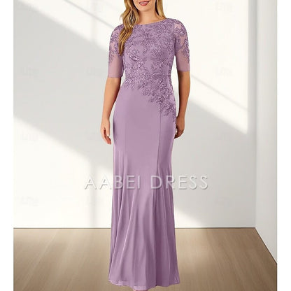 AABEI DRESS Wedding Guest Dress Mermaid  Elegant Crew Neck Floor Length Chiffon Half Sleeve with Appliques Mother of the Bride Dress