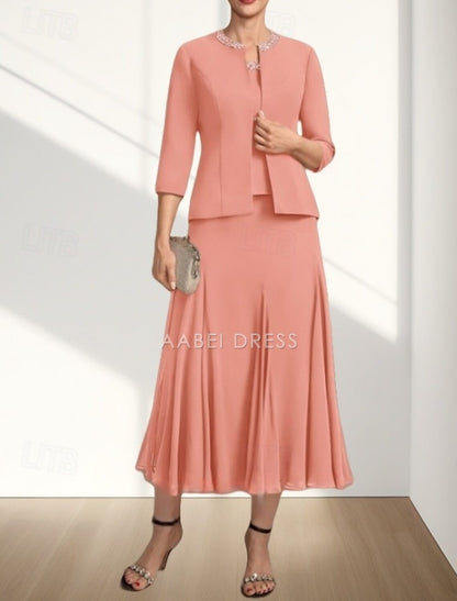 AABEI DRESS Wedding Guest Dress Elegant A-Line Crew Neck Two Piece Tea Length Chiffon 3/4 Length Sleeve with Beading Fashion Mother of the Bride Dress
