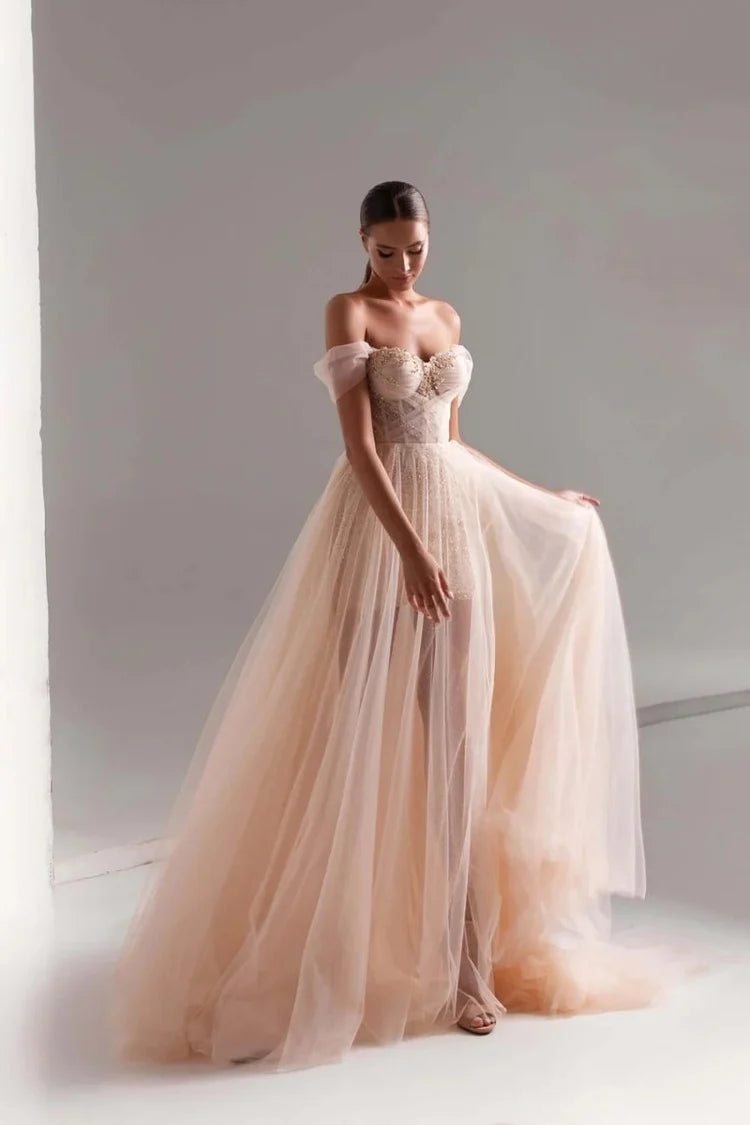 Champagne Off Shoulder Beaded Corset Tulle Prom Dress Sweetheart Sheer Glitter Floor Length Formal Gown