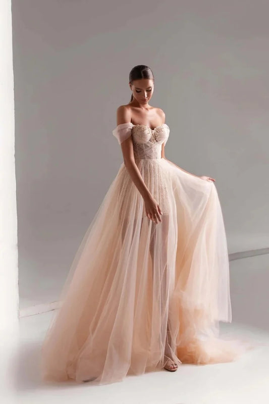 Champagne Off Shoulder Beaded Corset Tulle Prom Dress Sweetheart Sheer Glitter Floor Length Formal Gown