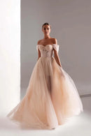 Champagne Off Shoulder Beaded Corset Tulle Prom Dress Sweetheart Sheer Glitter Floor Length Formal Gown