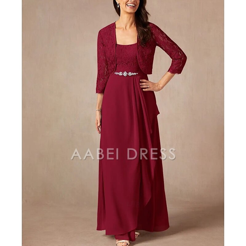 AABEI DRESS Wedding Guest Dress Two Piece A-Line Sweet Crew Neck 3/4 Length Sleeve Floor Length Lace Beading Ruffles Elegant Mother of the Bride Dress