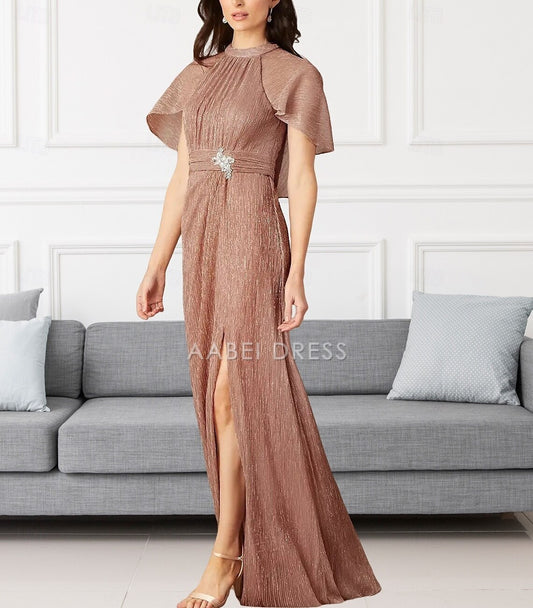 AABEI DRESS Wedding Guest Dress Elegant Sheath Crew Neck Floor Length Chiffon Sleeveless Split Front Ruching Mother of the Bride Dress