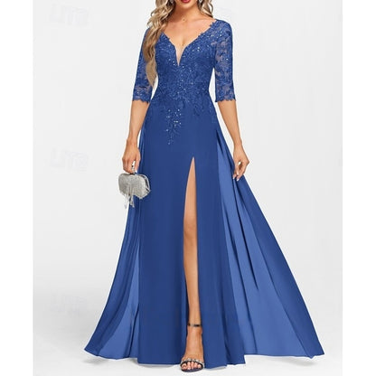 AABEI DRESS Wedding Guest Dress Exquisite A-Line V Neck Half Sleeve with Appliques Split Front Floor Length Mother of the Bride Dress