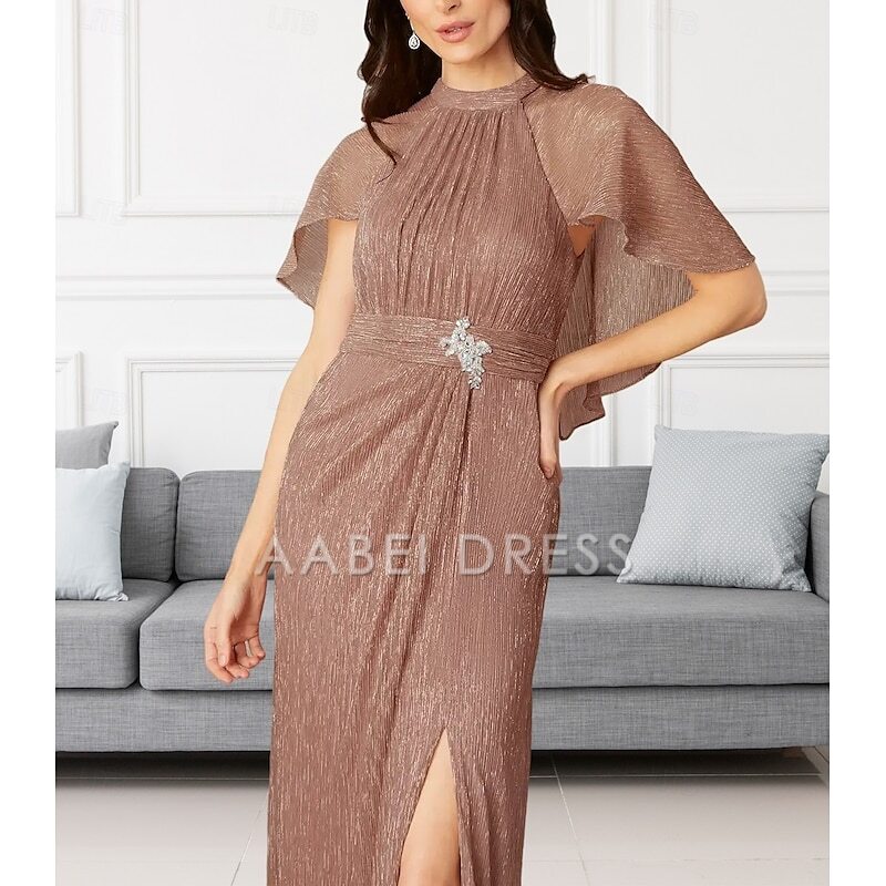 AABEI DRESS Wedding Guest Dress Elegant Sheath Crew Neck Floor Length Chiffon Sleeveless Split Front Ruching Mother of the Bride Dress