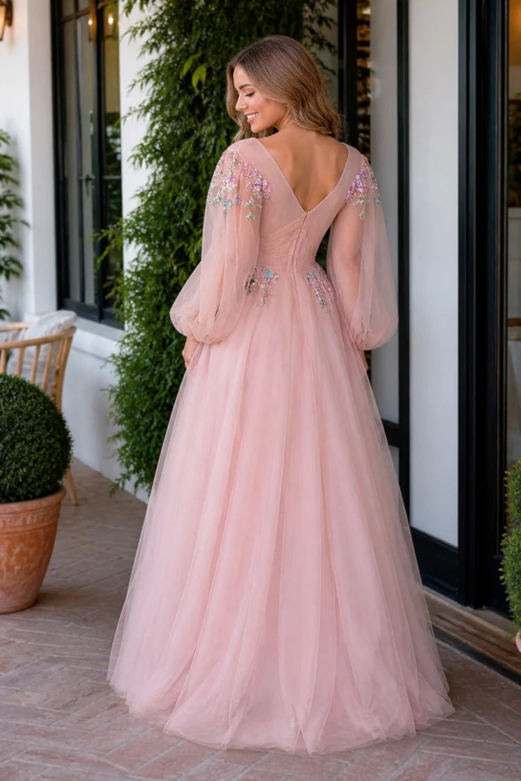 Blush Pink Tulle A-Line Gown Puff Sleeve Colorful Floral Embroidery V Back Formal Dress