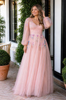 Blush Pink Tulle A-Line Gown Puff Sleeve Colorful Floral Embroidery V Back Formal Dress
