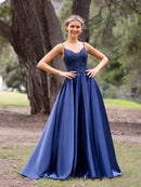 Navy V-Neck Lace Beaded Satin Prom Dress Spaghetti Straps Low Back A-Line Formal Gown