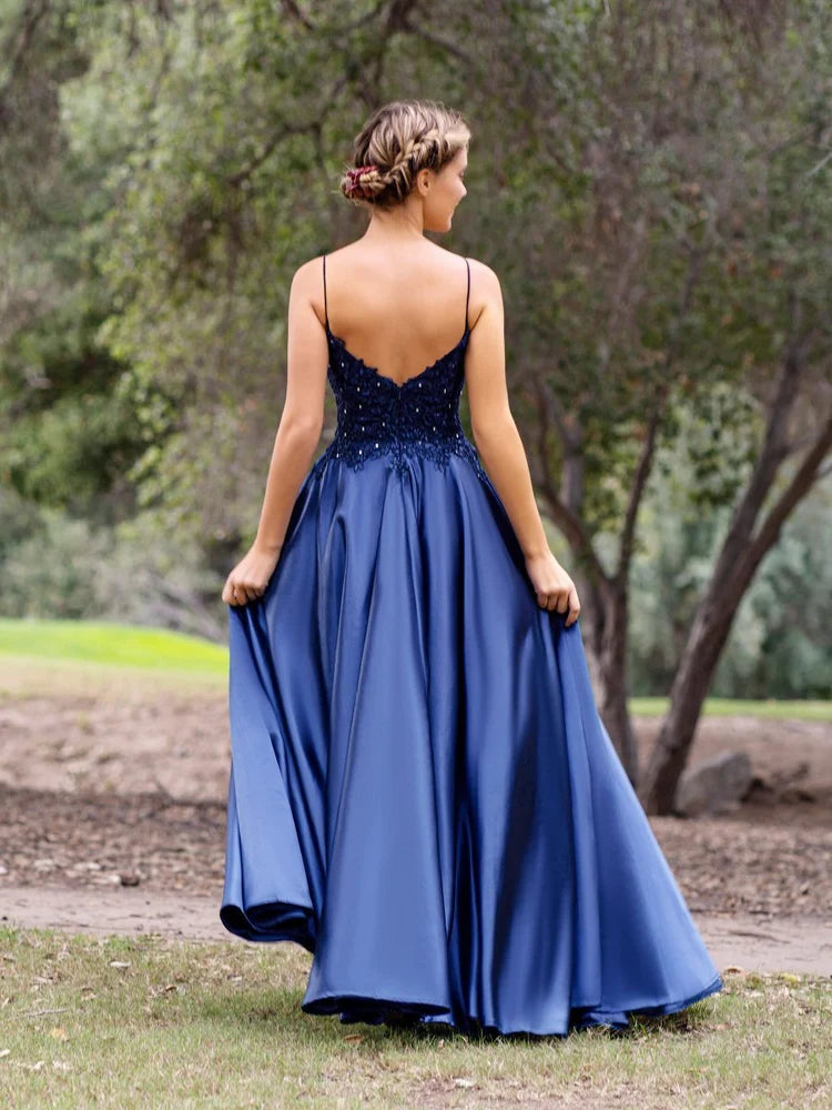 Navy V-Neck Lace Beaded Satin Prom Dress Spaghetti Straps Low Back A-Line Formal Gown