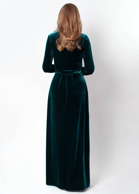 Evening Dress Velvet Dress A-line V Neck Long Sleeves Side Fork Formal Dresses Wedding Guest Dress