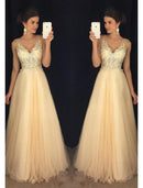 A-Line Prom Dresses Sparkle & Shine Dress Formal Wedding Guest Floor Length Sleeveless V Neck Tulle V Back with Beading Appliques