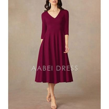 AABEI DRESS Wedding Guest Dress Elegant A-Line V Neck Tea Length 3/4 Length Sleeve Minimalist Mother of the Bride Dress
