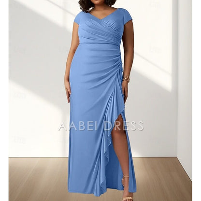 AABEI DRESS Wedding Guest Dress Elegant Mermaid V Neck Short Sleeve Pleats Split Curve Front Ruching Floor Length Plus Size Mother of the Bride Dress