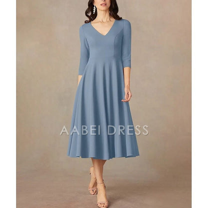 AABEI DRESS Wedding Guest Dress Elegant A-Line V Neck Tea Length 3/4 Length Sleeve Minimalist Mother of the Bride Dress