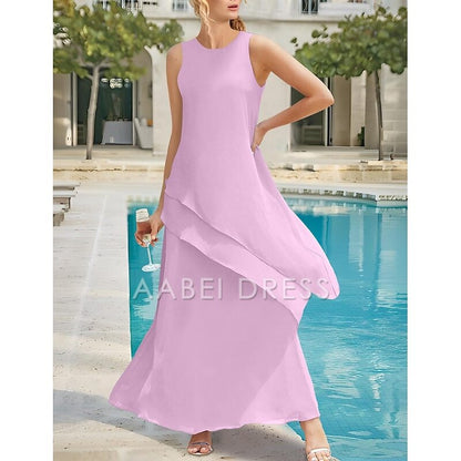 AABEI DRESS Wedding Guest Dress Simple Sheath Jewel Neck Sleeveless Ankle Length Tiers Solid Color Elegant Mother of the Bride Dress