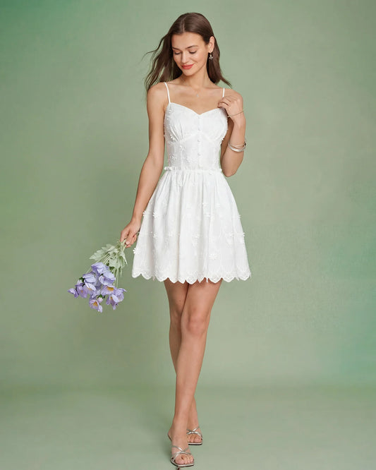 White Embroidered Lace a-line sweetheart zipper-back mini Dress Front View - Aabei Dress