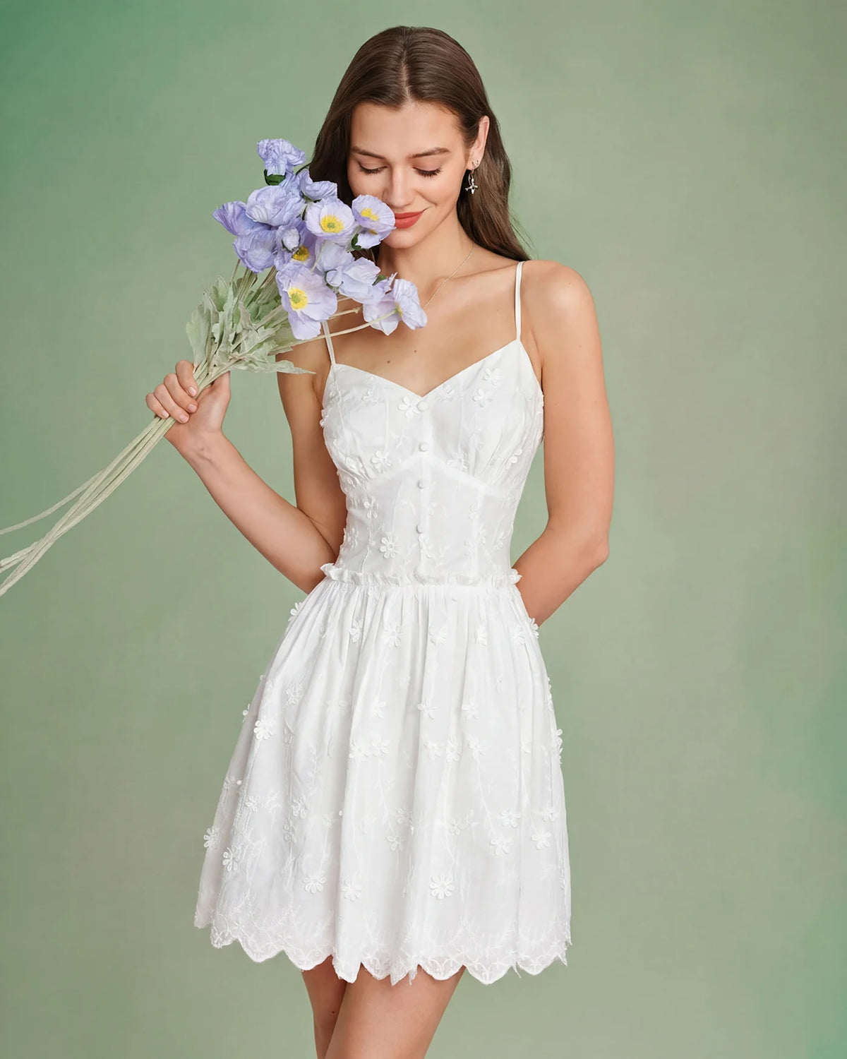 White Embroidered Lace a-line sweetheart zipper-back mini Dress - Aabei Dress