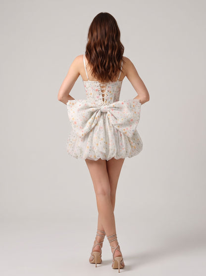 White Floral Glitter Tulle Bubble Sweetheart Mini Dress Back View - Aabei Dress