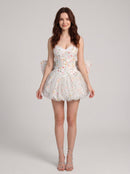 White Floral Glitter Tulle Bubble Sweetheart Mini Dress Front View - Aabei Dress