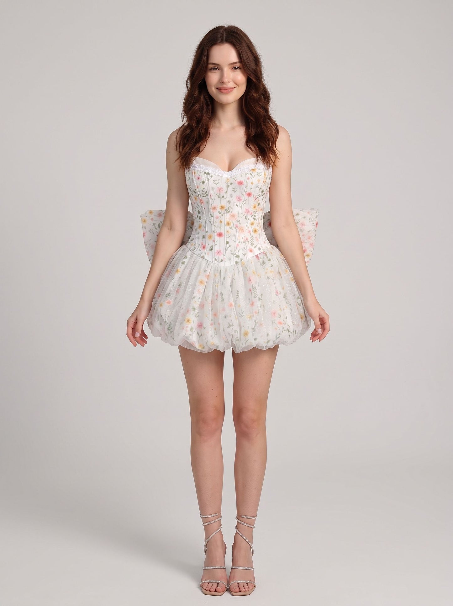 White Floral Glitter Tulle Bubble Sweetheart Mini Dress Front View - Aabei Dress