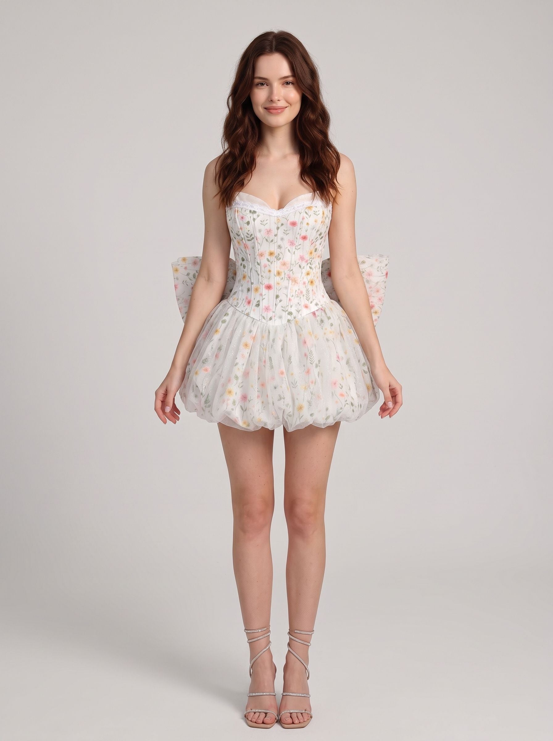 White Floral Glitter Tulle Bubble Sweetheart Mini Dress Front View - Aabei Dress