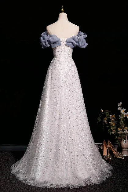 White Glitter Mesh & Organza A-Line Off-the-Shoulder Lace-up Floor-Length Dress Back View - Aabei Dress