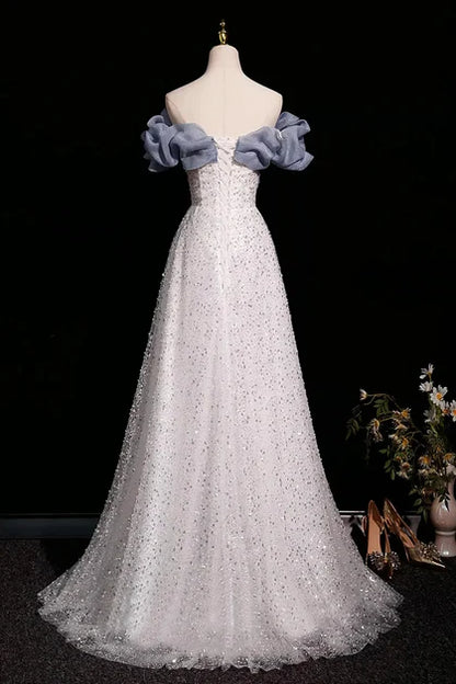 White Glitter Mesh & Organza A-Line Off-the-Shoulder Lace-up Floor-Length Dress Back View - Aabei Dress