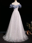 White Glitter Mesh & Organza A-Line Off-the-Shoulder Lace-up Floor-Length Dress Front View - Aabei Dress