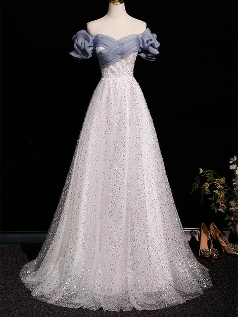 White Glitter Mesh & Organza A-Line Off-the-Shoulder Lace-up Floor-Length Dress Front View - Aabei Dress