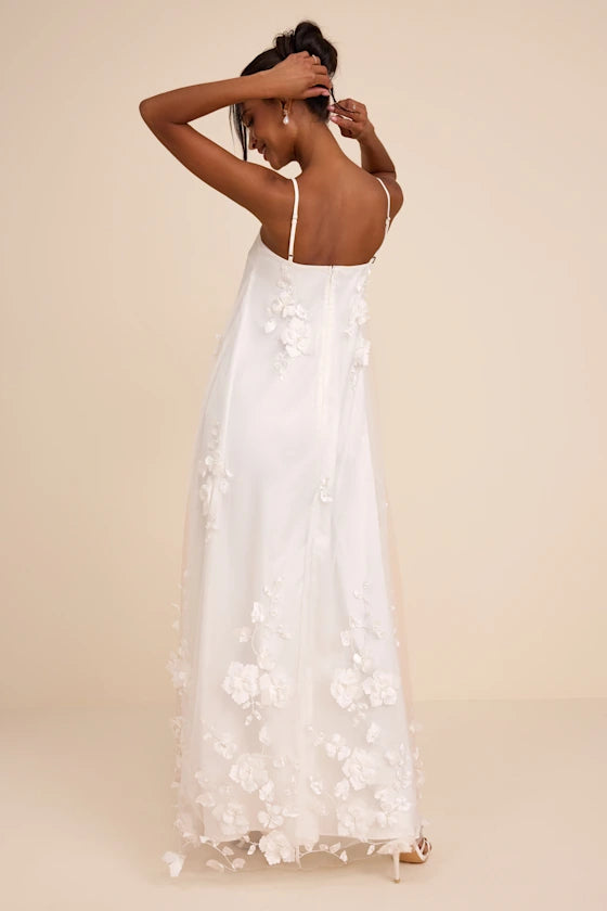 White Tulle A-line Straight Across Zipper Back Floor Length Dress Back View - Aabei Dress