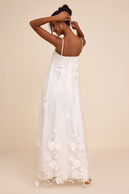 White Tulle A-line Straight Across Zipper Back Floor Length Dress Back View - Aabei Dress