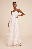 White Tulle A-line Straight Across Zipper Back Floor Length Dress Front View - Aabei Dress