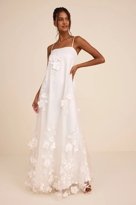 White Tulle A-line Straight Across Zipper Back Floor Length Dress Front View - Aabei Dress