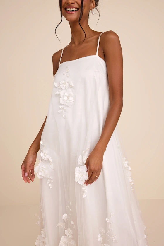 White Tulle A-line Straight Across Zipper Back Floor Length Dress - Aabei Dress
