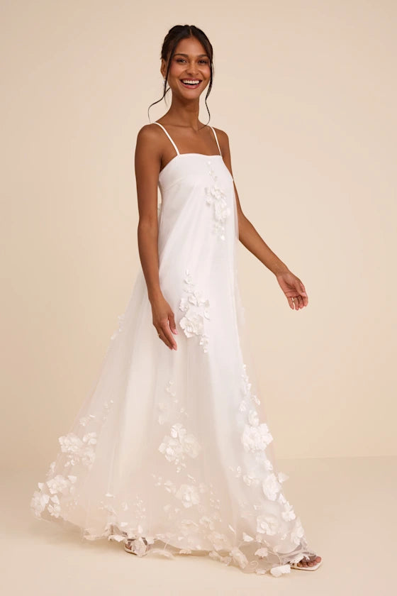 White Tulle A-line Straight Across Zipper Back Floor Length Dress - Aabei Dress
