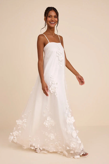 White Tulle A-line Straight Across Zipper Back Floor Length Dress - Aabei Dress